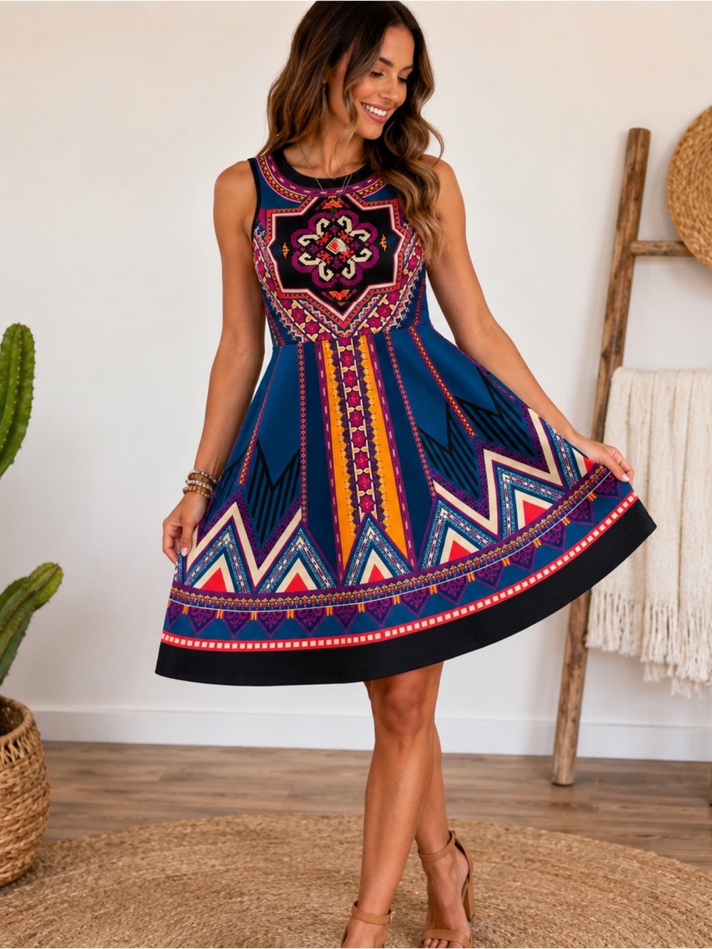 Flying Tomato Women’s Large Blue Multicolor Geometric Boho Fit & Flare Dress